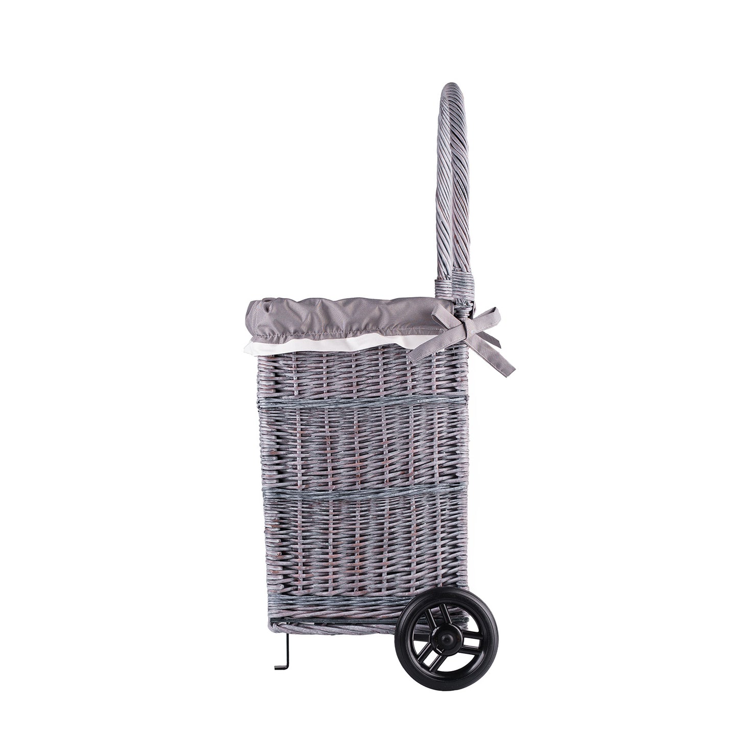 Solette panier en osier pour cheminée avec doublure grise, roulettes et poignée