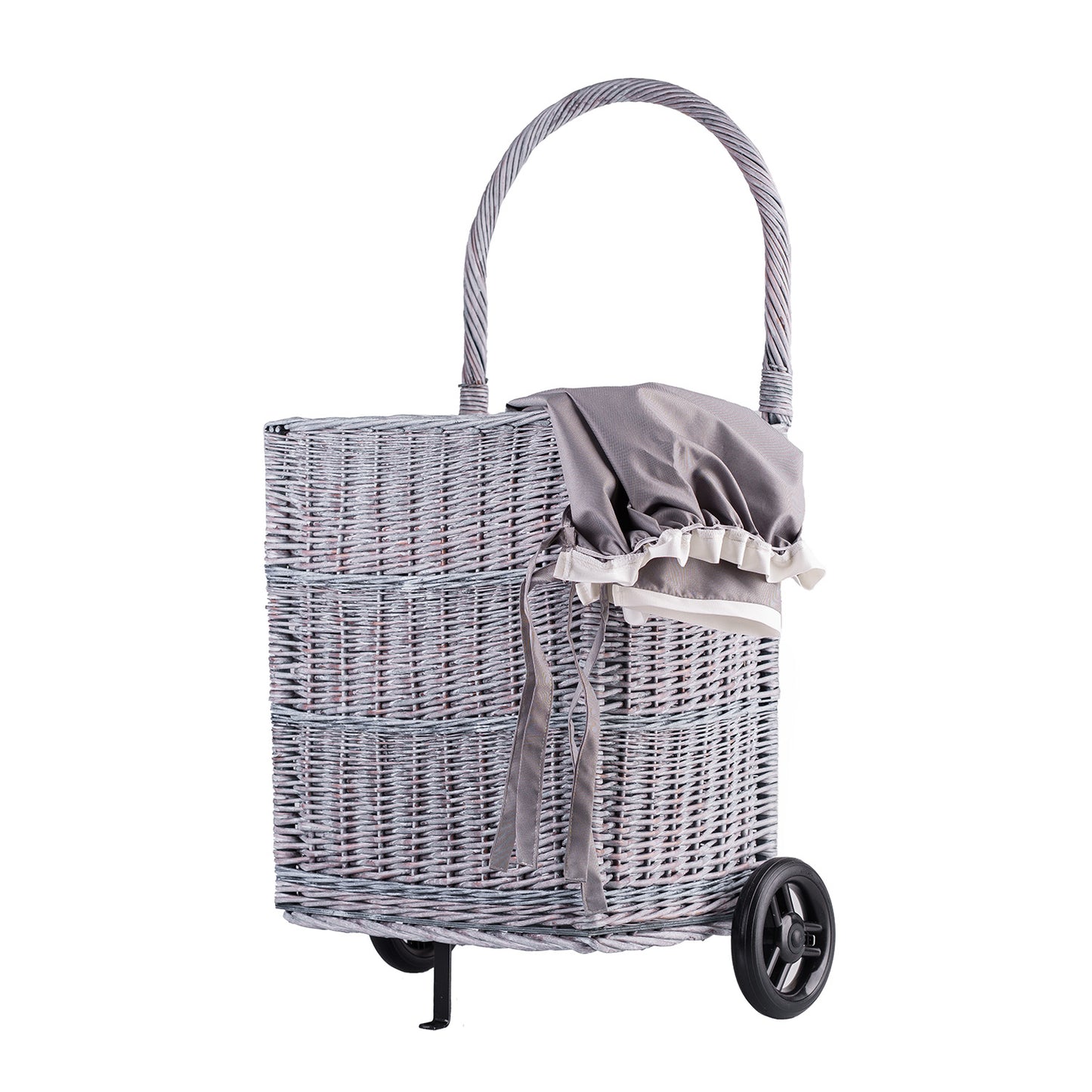Solette panier en osier pour cheminée avec doublure grise, roulettes et poignée