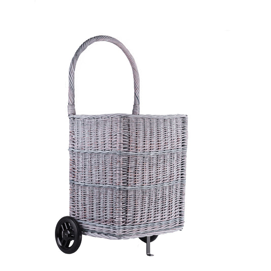 Solette panier en osier pour cheminée avec roulettes et poignée