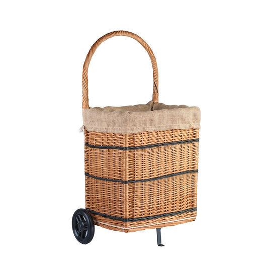 Solette panier de cheminée en osier avec bordure en jute, roulettes et poignée