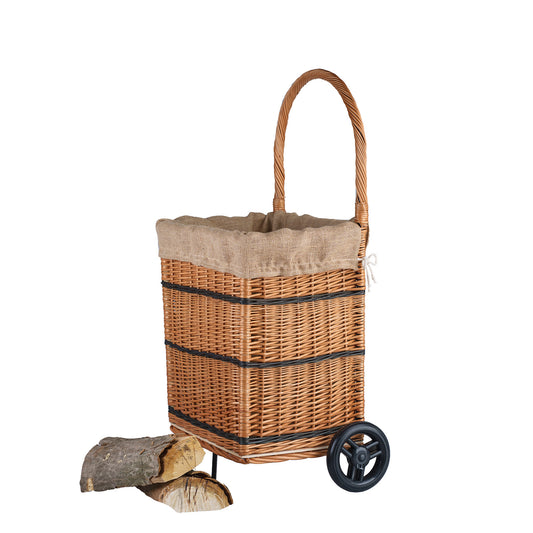 Solette panier de cheminée en osier avec bordure en jute, roulettes et poignée