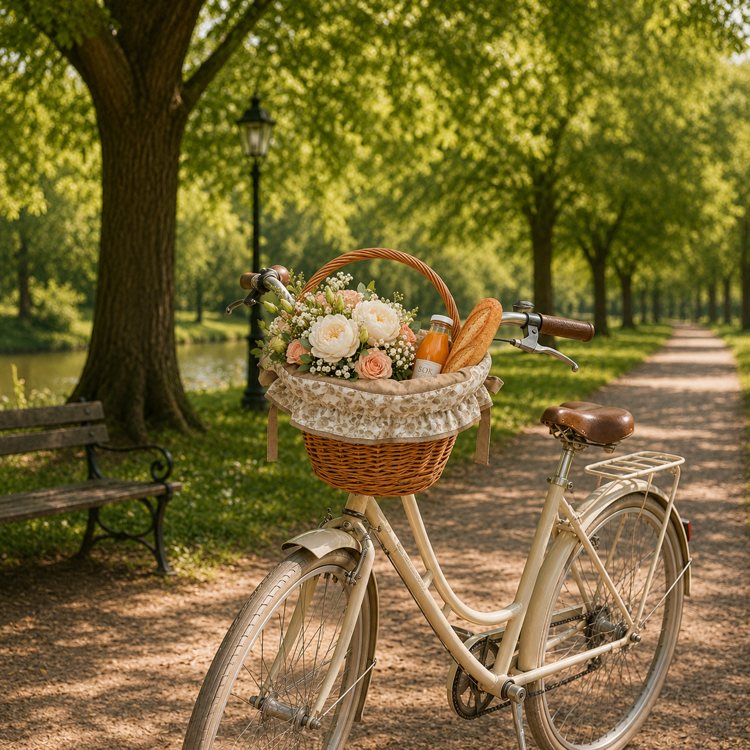 flettet cykelkurv med beige kantbånd, med læderremme og håndtag