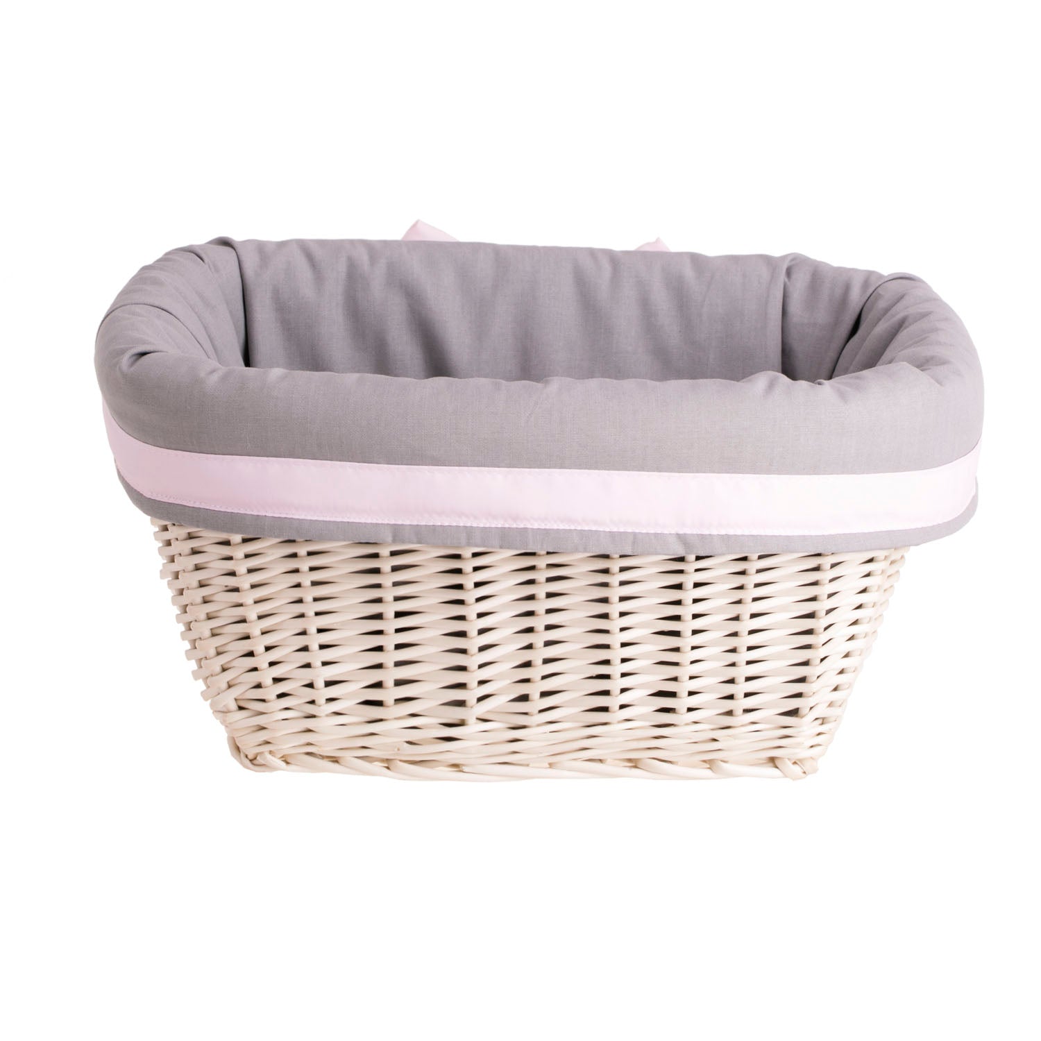 Regalkorb aus Weide mit grauem Stoffbesatz und Schleife