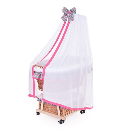 Papilio Rieten kinderwagen met roze bies, baldakijn, kussen en dekentje