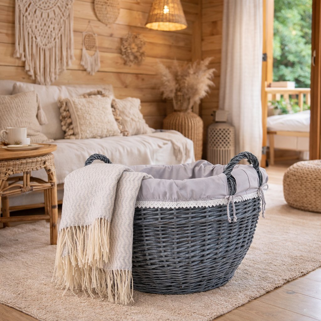 panier à linge en osier avec doublure grise