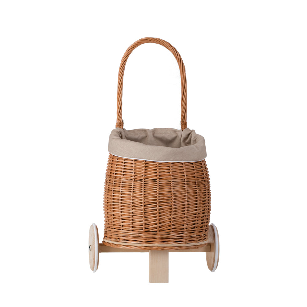 Luke wicker doll stroller with beige trim, handle, and wooden wheels TheWickerStories