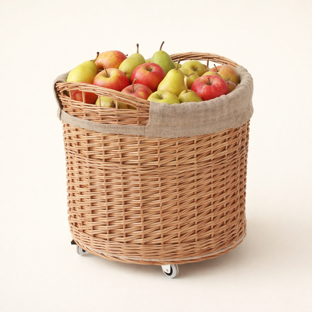 Caros wicker storage basket with jute trim and wheels | TheWickerStories