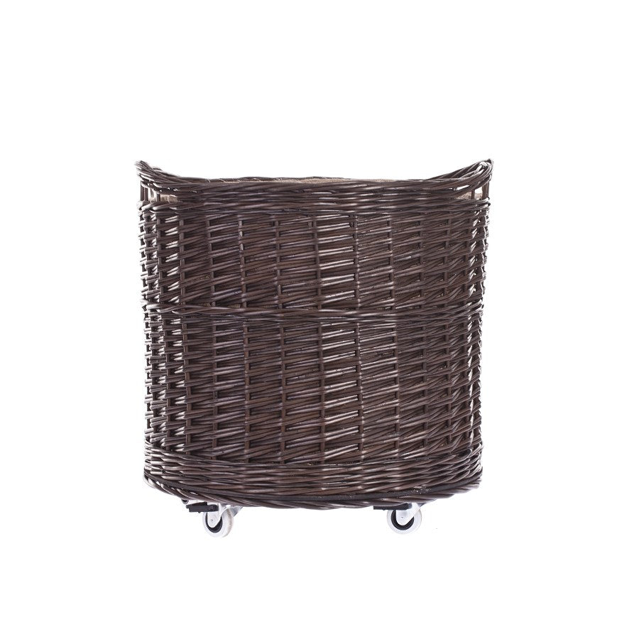 panier de rangement en osier avec bordure en jute et roulettes —