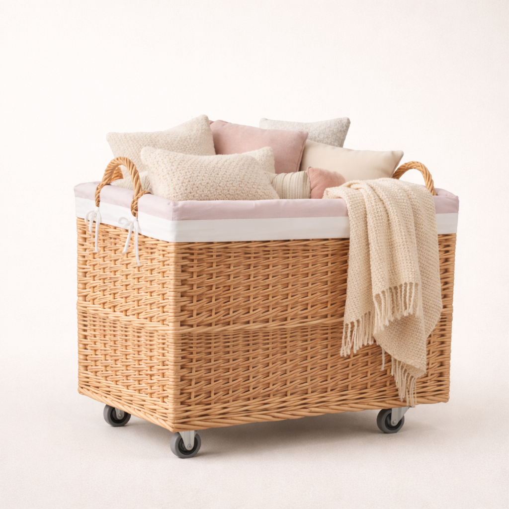Salux rieten mandje met roze voering en wieltjes TheWickerStories