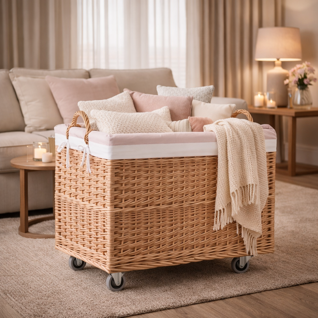 Salux rieten mandje met roze voering en wieltjes TheWickerStories