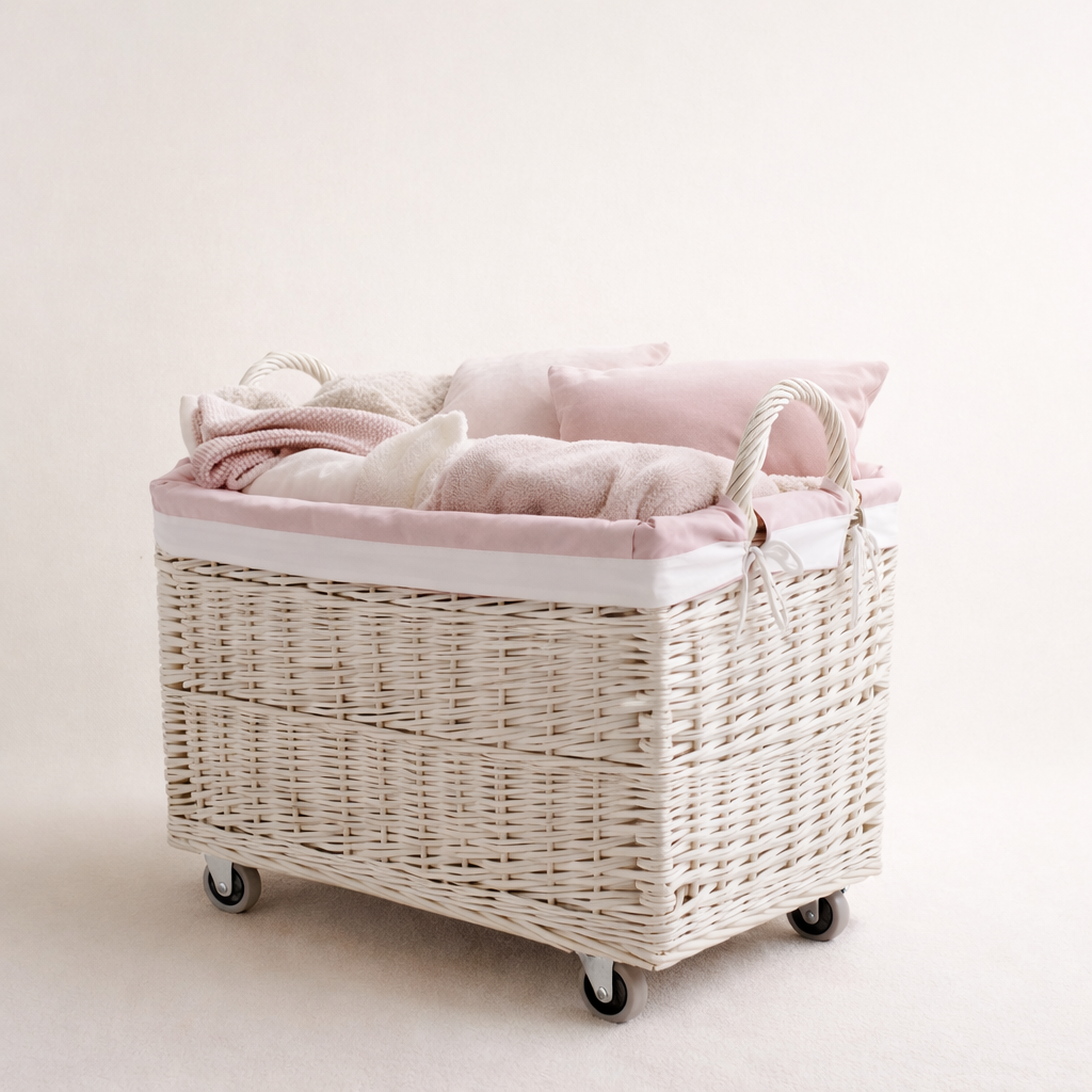 Salux wicker laundry basket with pink trim, on wheels, with handles TheWickerStories