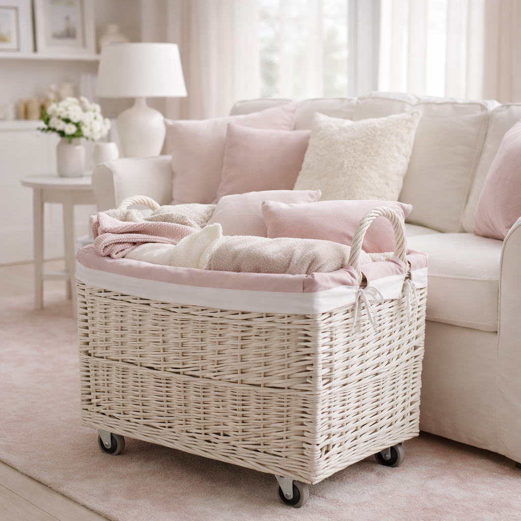 Salux wicker laundry basket with pink trim, on wheels, with handles TheWickerStories