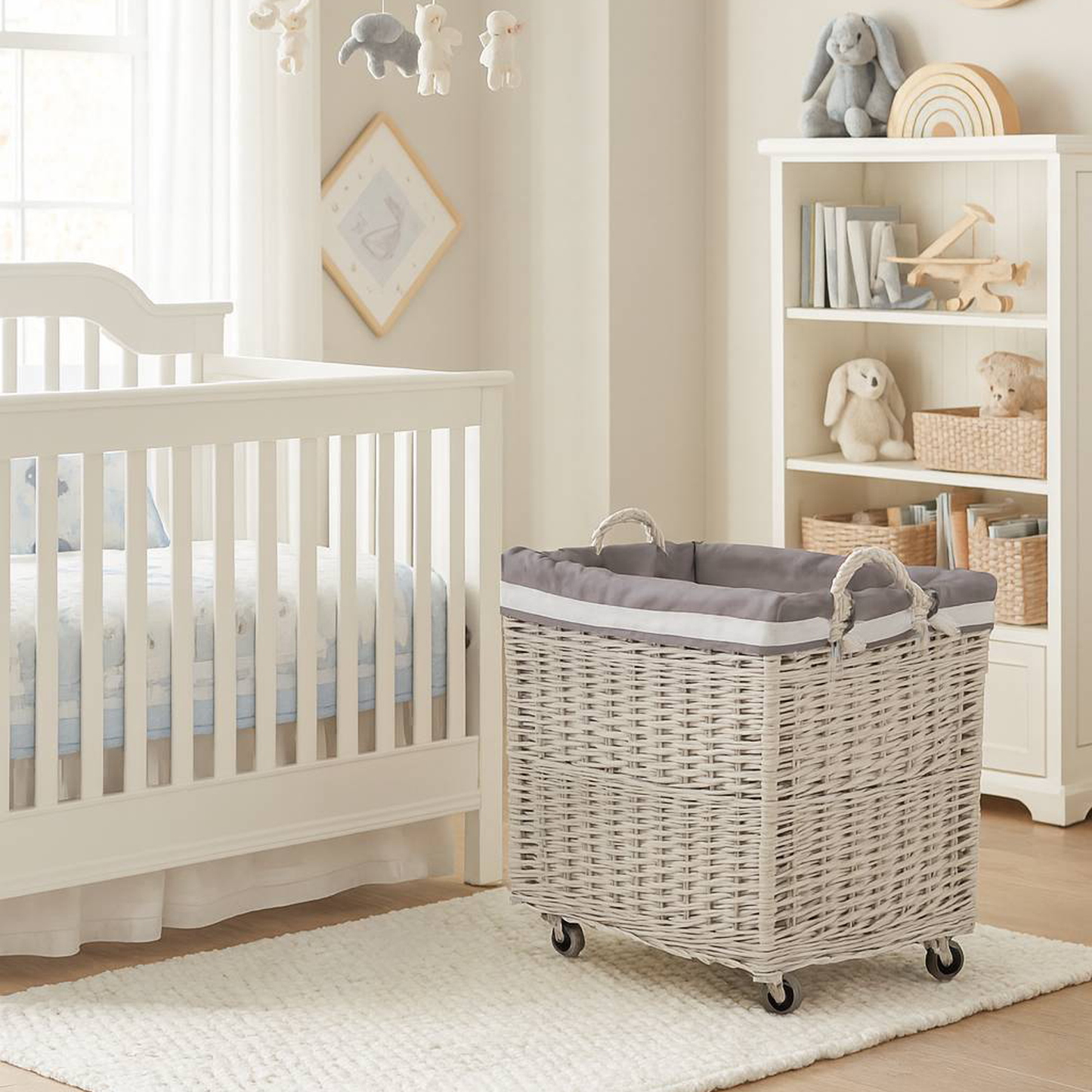 Salux wicker basket with grey lining and wheels TheWickerStories