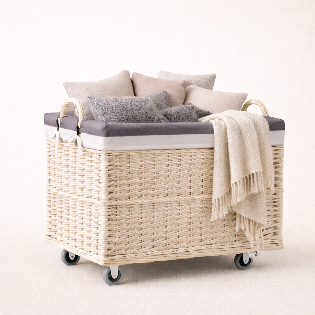 Salux wicker basket with grey lining and wheels TheWickerStories
