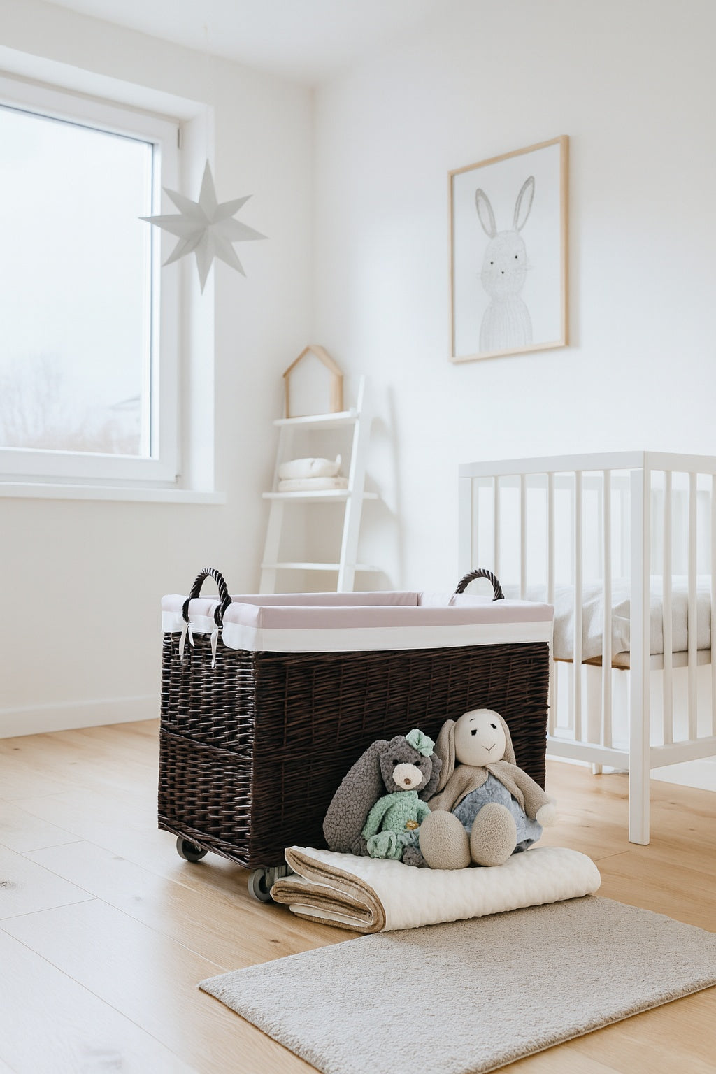 Salux wicker basket with pink lining and wheels TheWickerStories