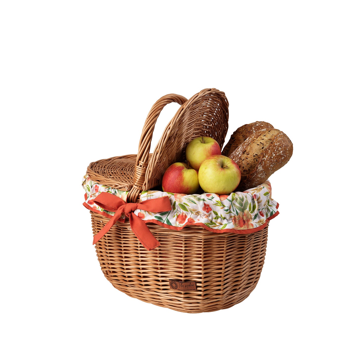 Kastalia wicker picnic basket with orange trim, with lid and handle TheWickerStories