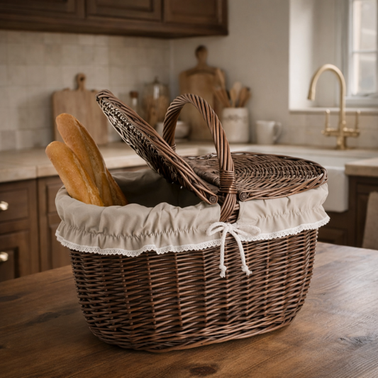 wicker picnic basket with beige lining and lid