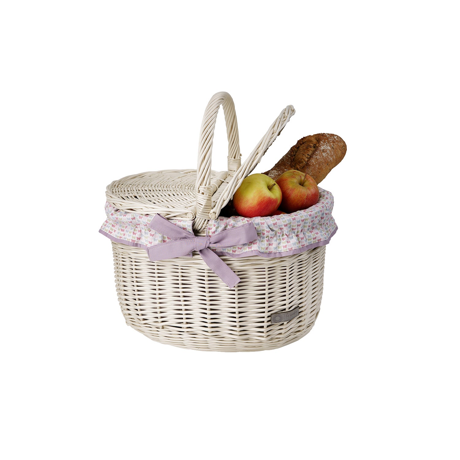 wicker picnic basket with purple trim, with lid and handle