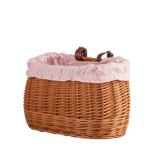 Marone petit panier de vélo en osier avec doublure rose et sangles