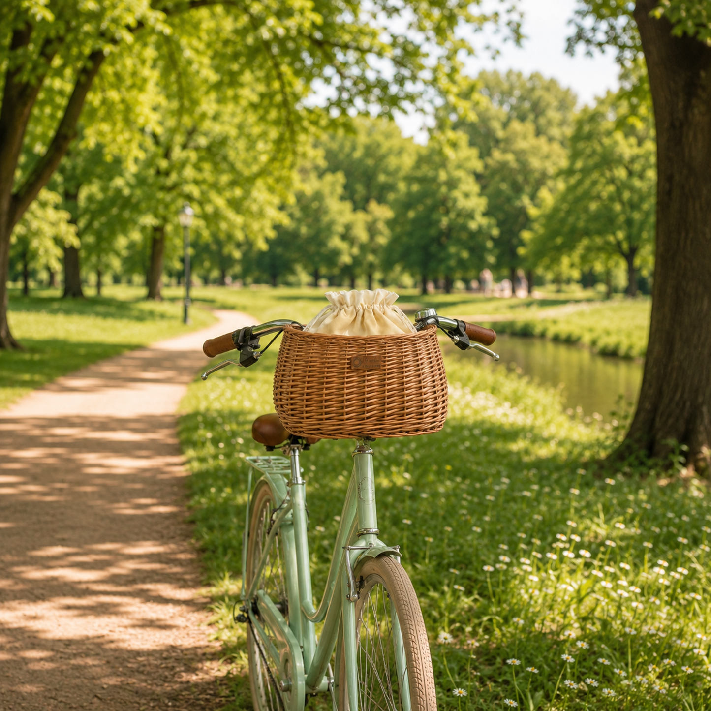Marone handgeflochtener Fahrradkorb mit cremefarbener Einfassung, herausnehmbarem Beutel und Lederriemen TheWickerStories