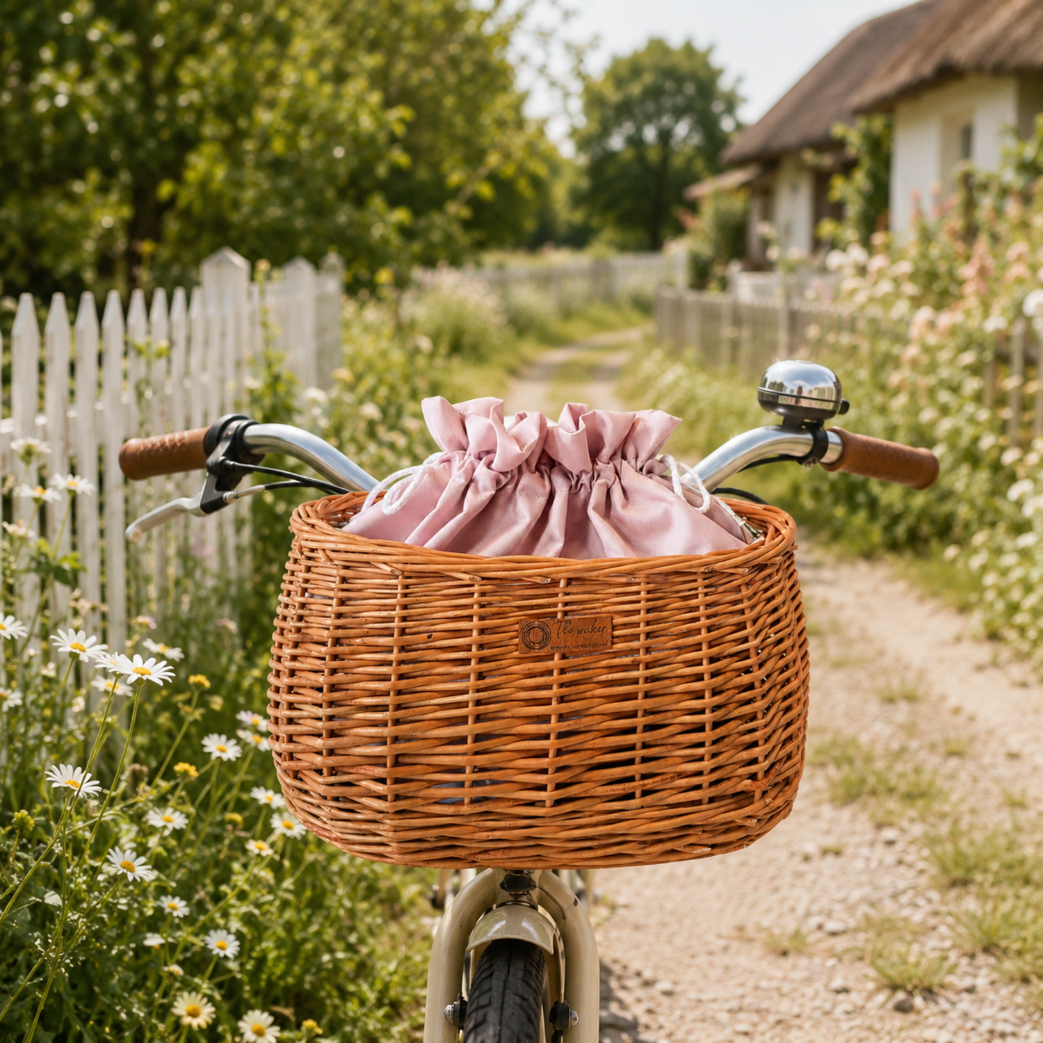 Weiden-Fahrradkorb mit rosa Besatz, mit herausnehmbarem Innensack und Lederriemen