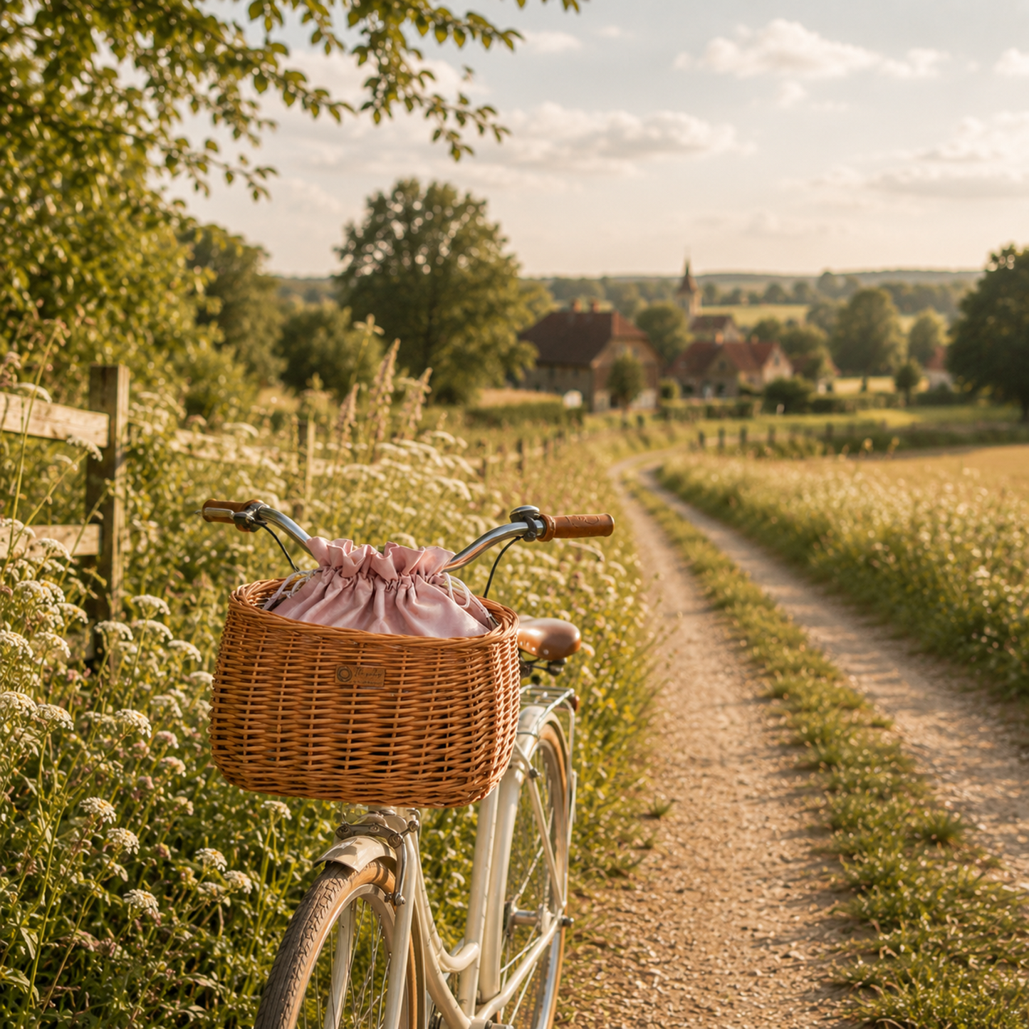 Marone Weiden-Fahrradkorb mit rosa Besatz, mit herausnehmbarem Innensack und Lederriemen TheWickerStories