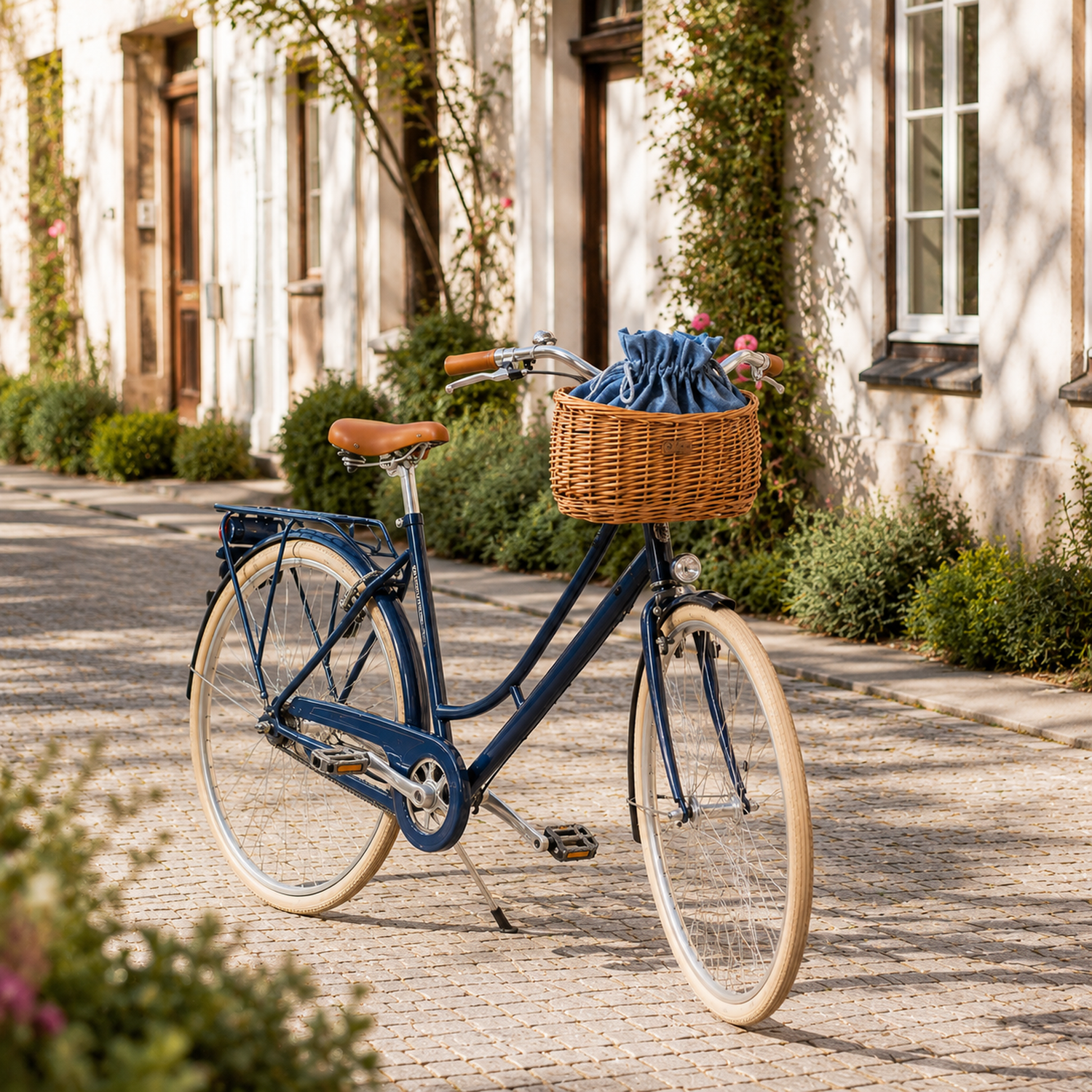 flettet cykelkurv med blå kant, med snøresæk og læderremme