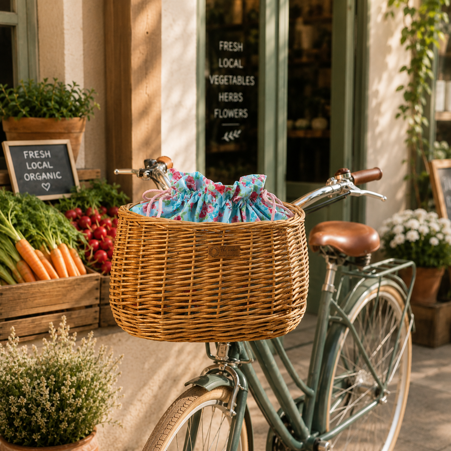 Weidenkorb fürs Fahrrad mit farbigem Besatz, abnehmbarem Beutel mit Kordelzug und Lederriemen