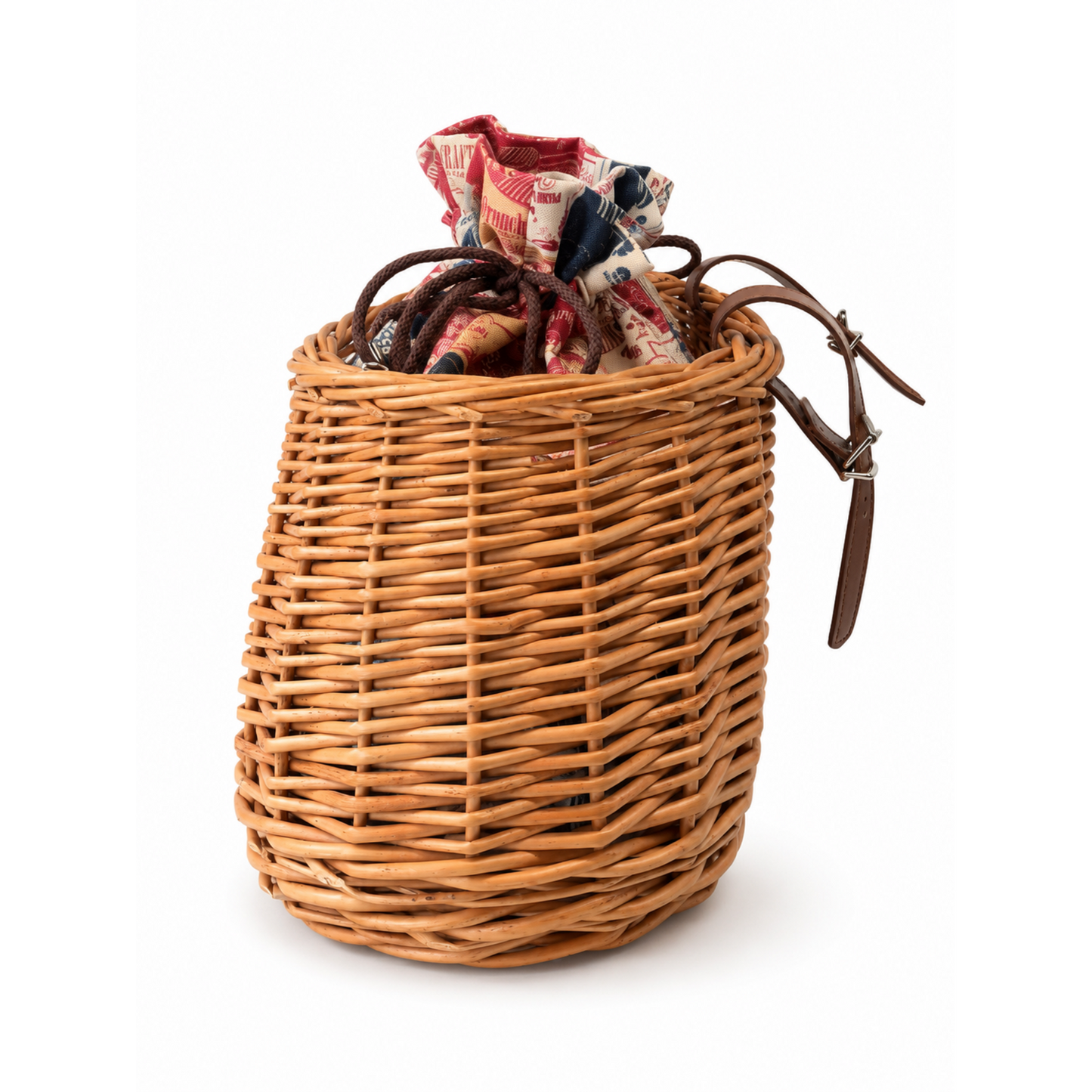 Marone handgeflochtener Fahrradkorb mit buntem Besatz, mit herausnehmbarem Sack und Lederriemen TheWickerStories