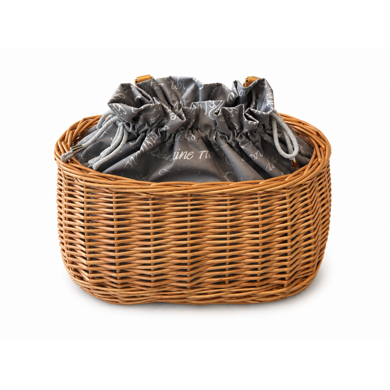 cesta de mimbre para bicicleta con ribete gris, bolsa desmontable y correas de cuero
