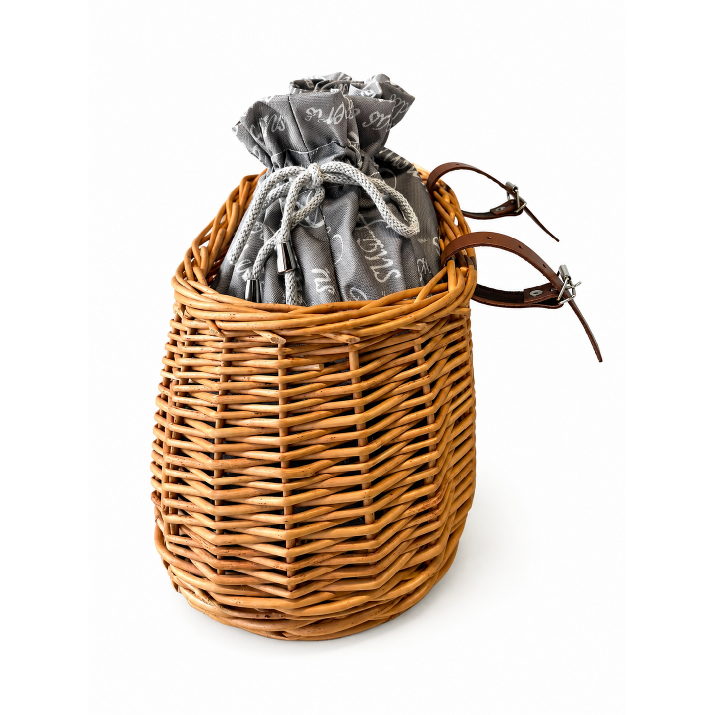 Marone cesta de mimbre para bicicleta con ribete gris, bolsa desmontable y correas de cuero TheWickerStories