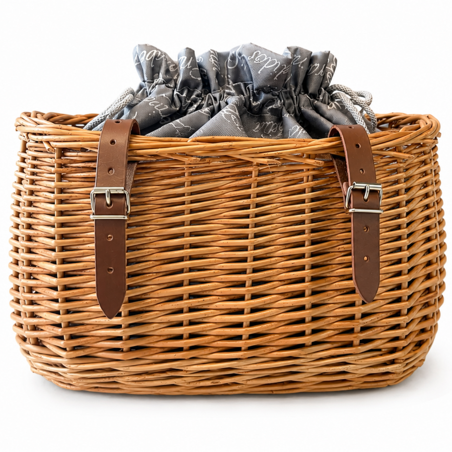 Marone cesta de mimbre para bicicleta con ribete gris, bolsa desmontable y correas de cuero TheWickerStories