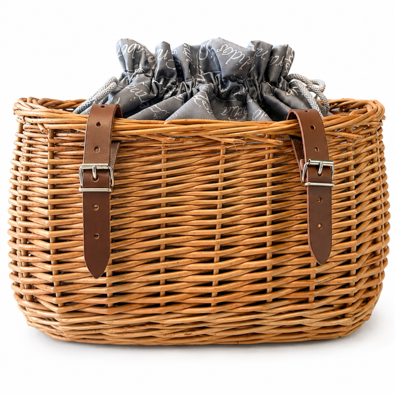 cesta de mimbre para bicicleta con ribete gris, bolsa desmontable y correas de cuero
