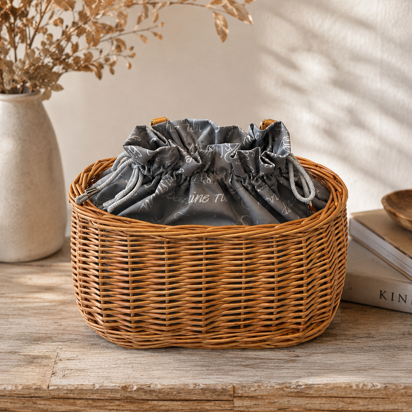 Marone cesta de mimbre para bicicleta con ribete gris, bolsa desmontable y correas de cuero TheWickerStories