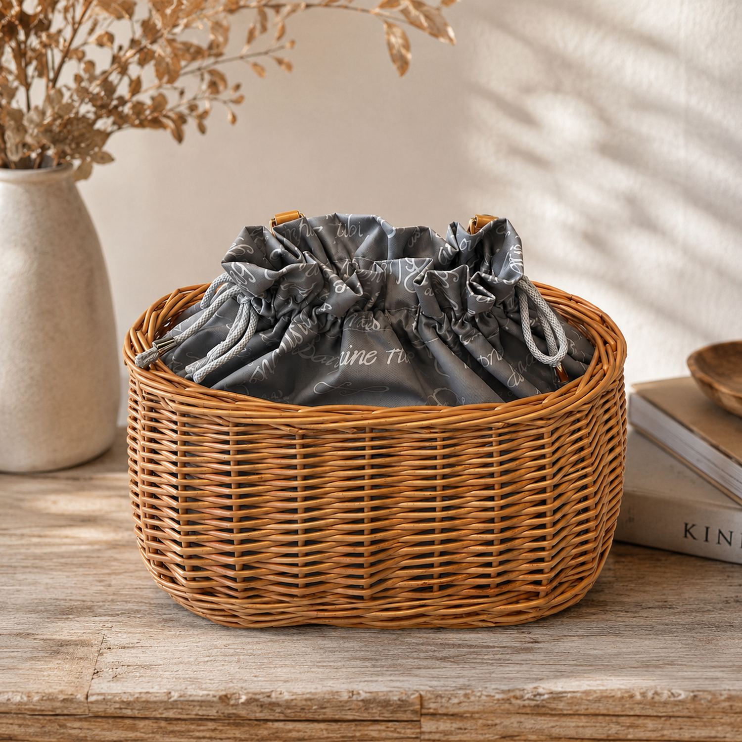 cesta de mimbre para bicicleta con ribete gris, bolsa desmontable y correas de cuero