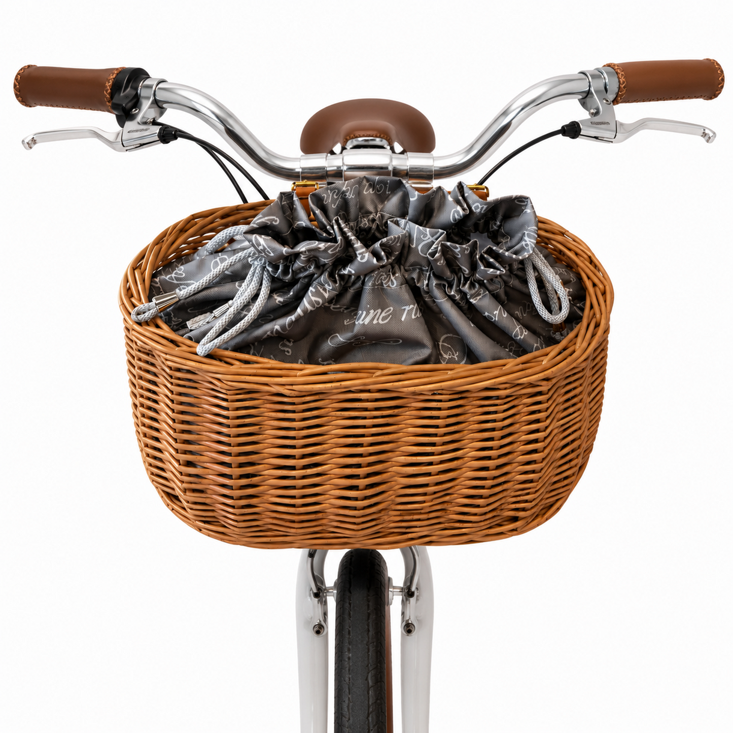Marone cesta de mimbre para bicicleta con ribete gris, bolsa desmontable y correas de cuero TheWickerStories