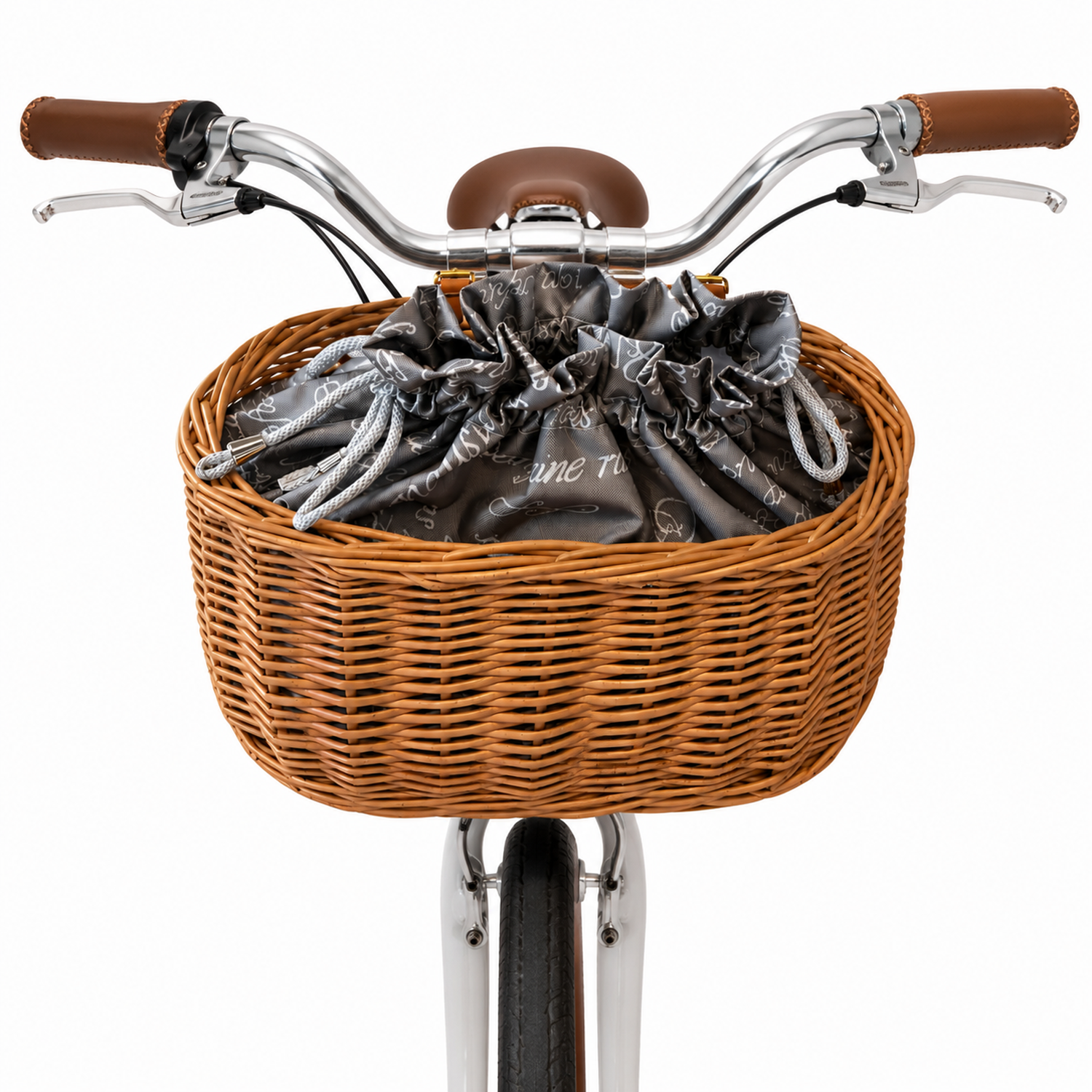cesta de mimbre para bicicleta con ribete gris, bolsa desmontable y correas de cuero