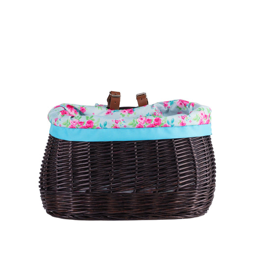 Marone petit panier de vélo en osier avec doublure bleue et sangles
