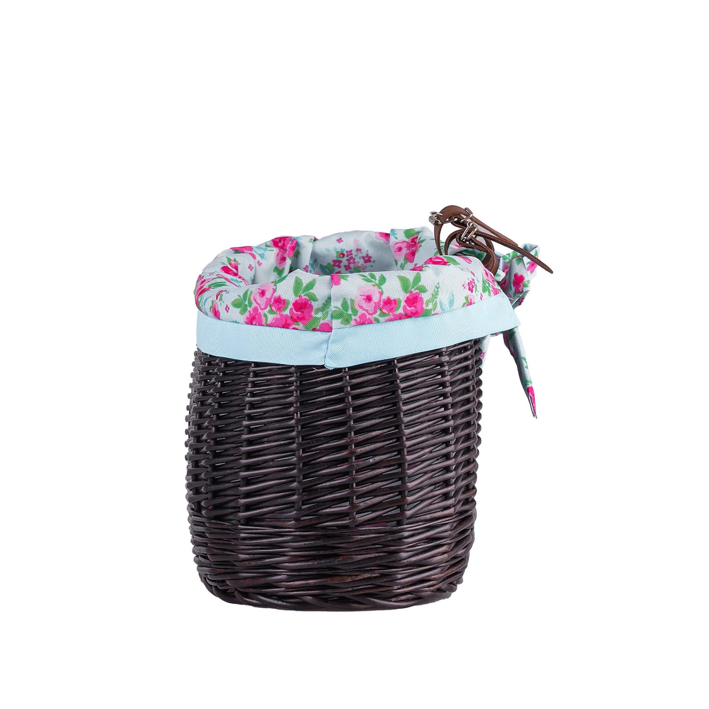Marone petit panier de vélo en osier avec doublure bleue et sangles