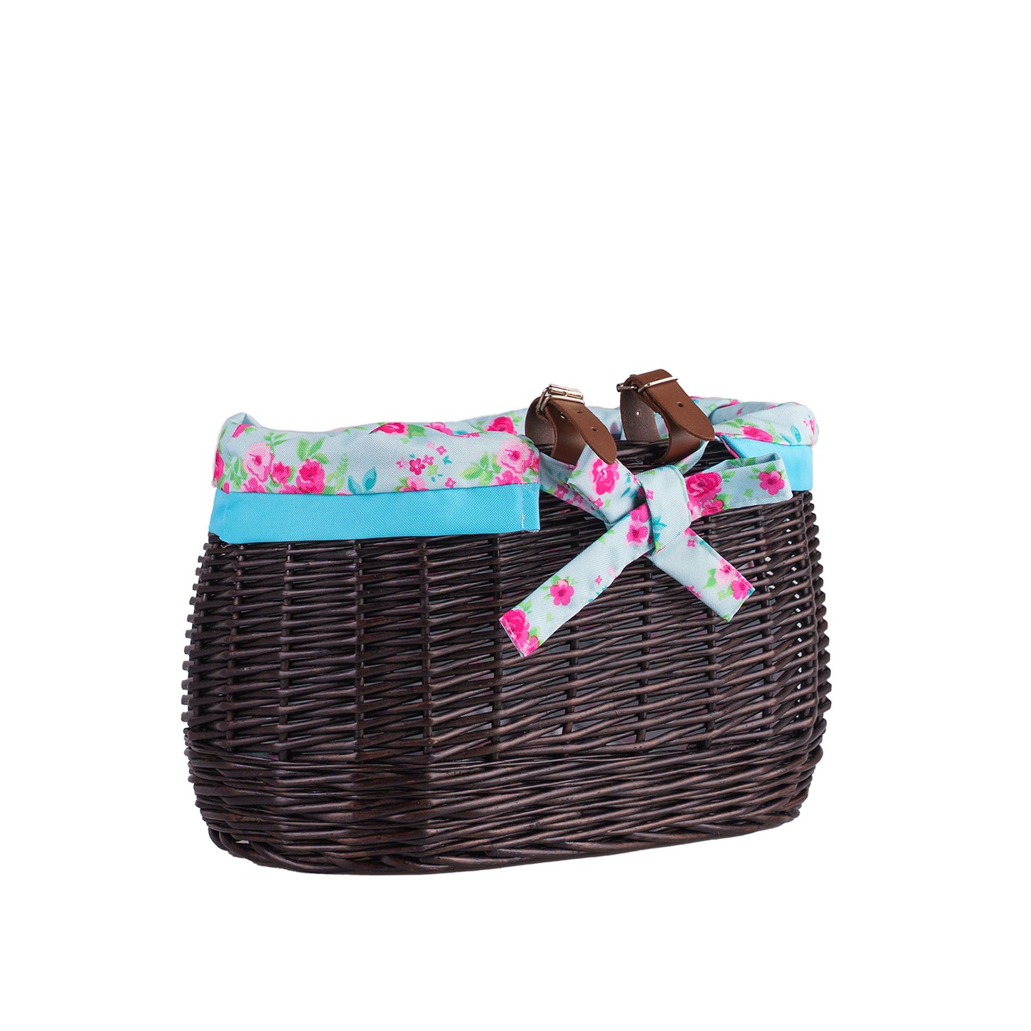 Marone petit panier de vélo en osier avec doublure bleue et sangles