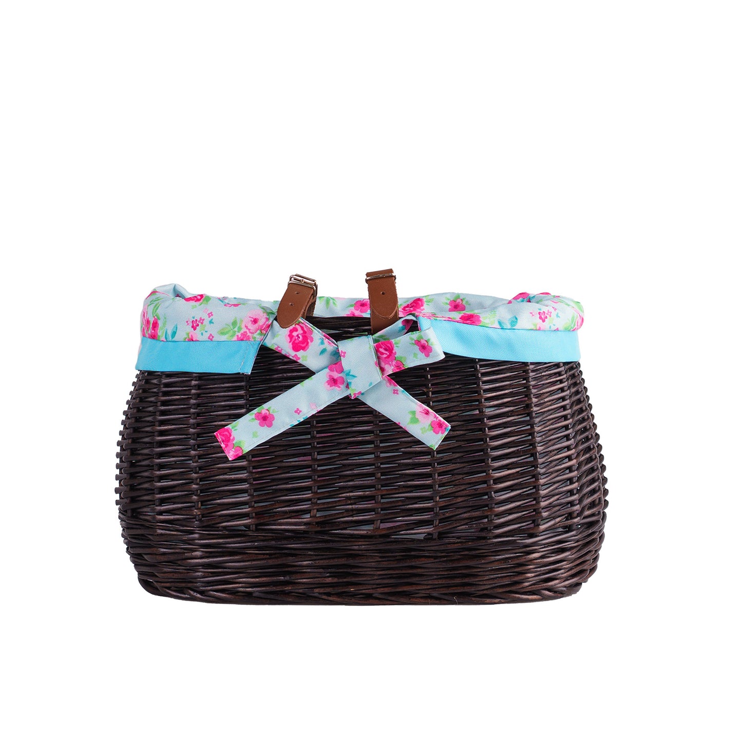 Marone petit panier de vélo en osier avec doublure bleue et sangles