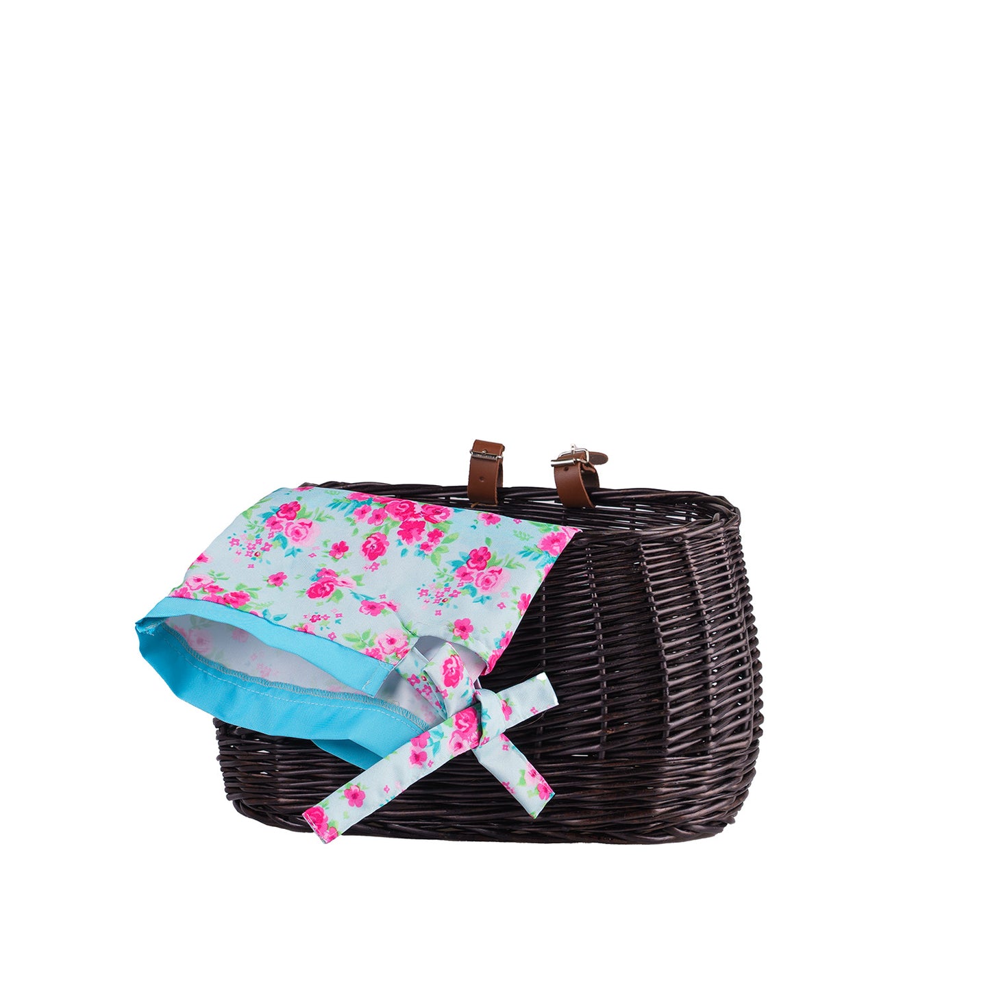 Marone petit panier de vélo en osier avec doublure bleue et sangles