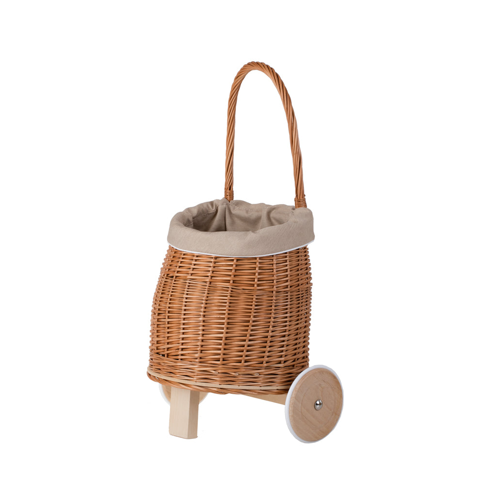 wicker doll stroller with beige trim, handle and wooden wheels