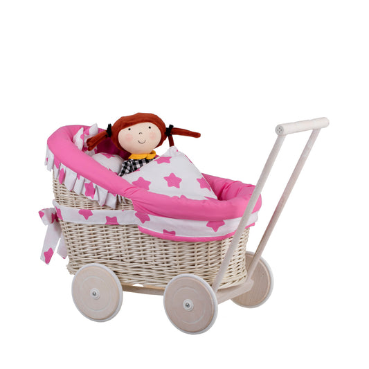 Luna wicker doll stroller with pink trim, blanket, and pillow