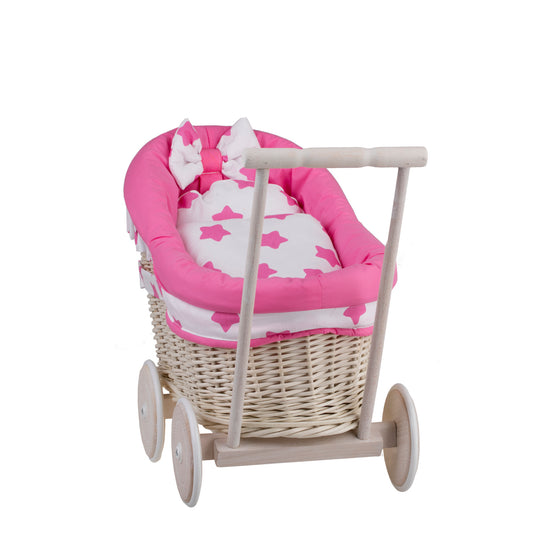 Luna wicker doll stroller with pink trim, blanket, and pillow