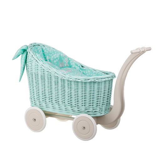 Luna wicker doll stroller with mint trim, blanket, and pillow
