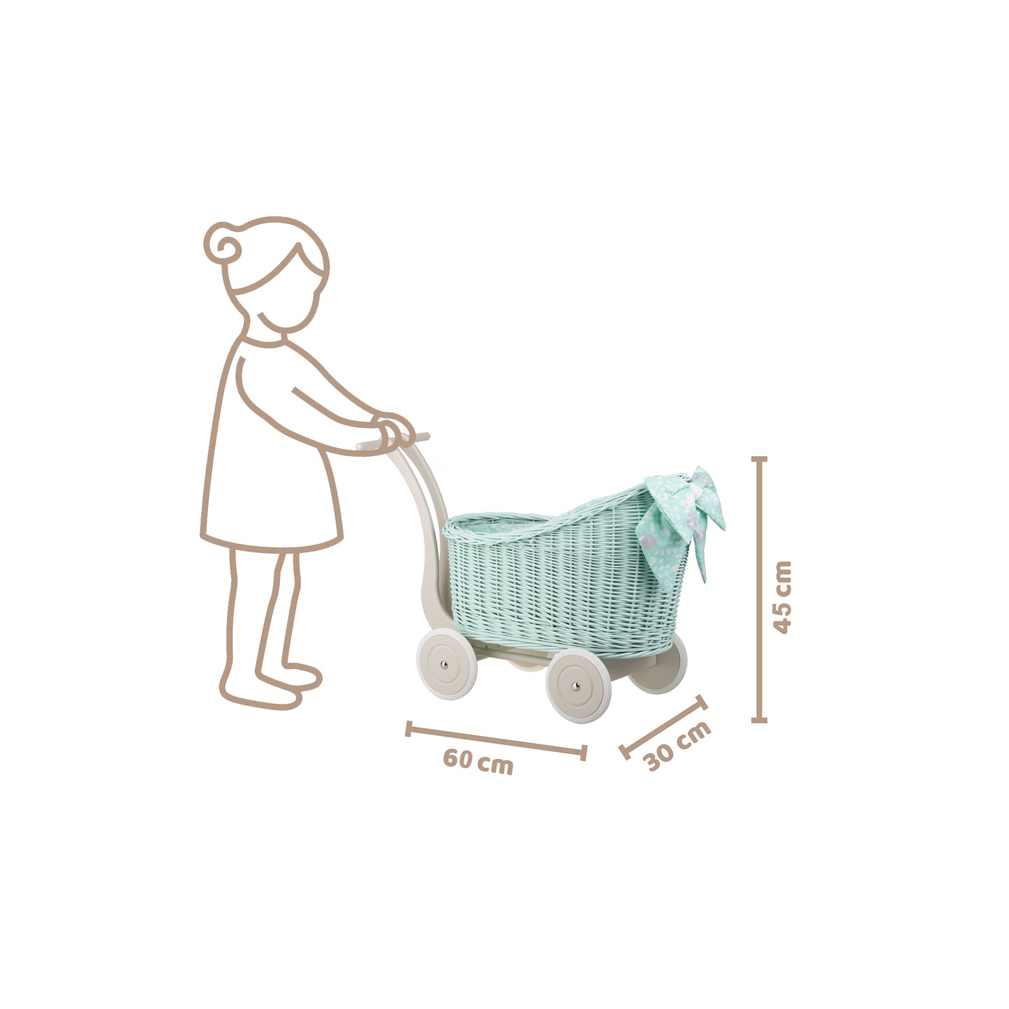 Luna wicker doll stroller with mint trim, blanket, and pillow