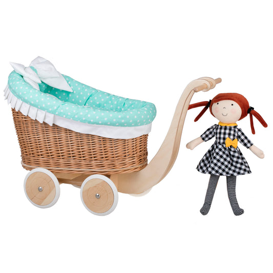 Luna wicker doll stroller with mint trim, blanket, and pillow