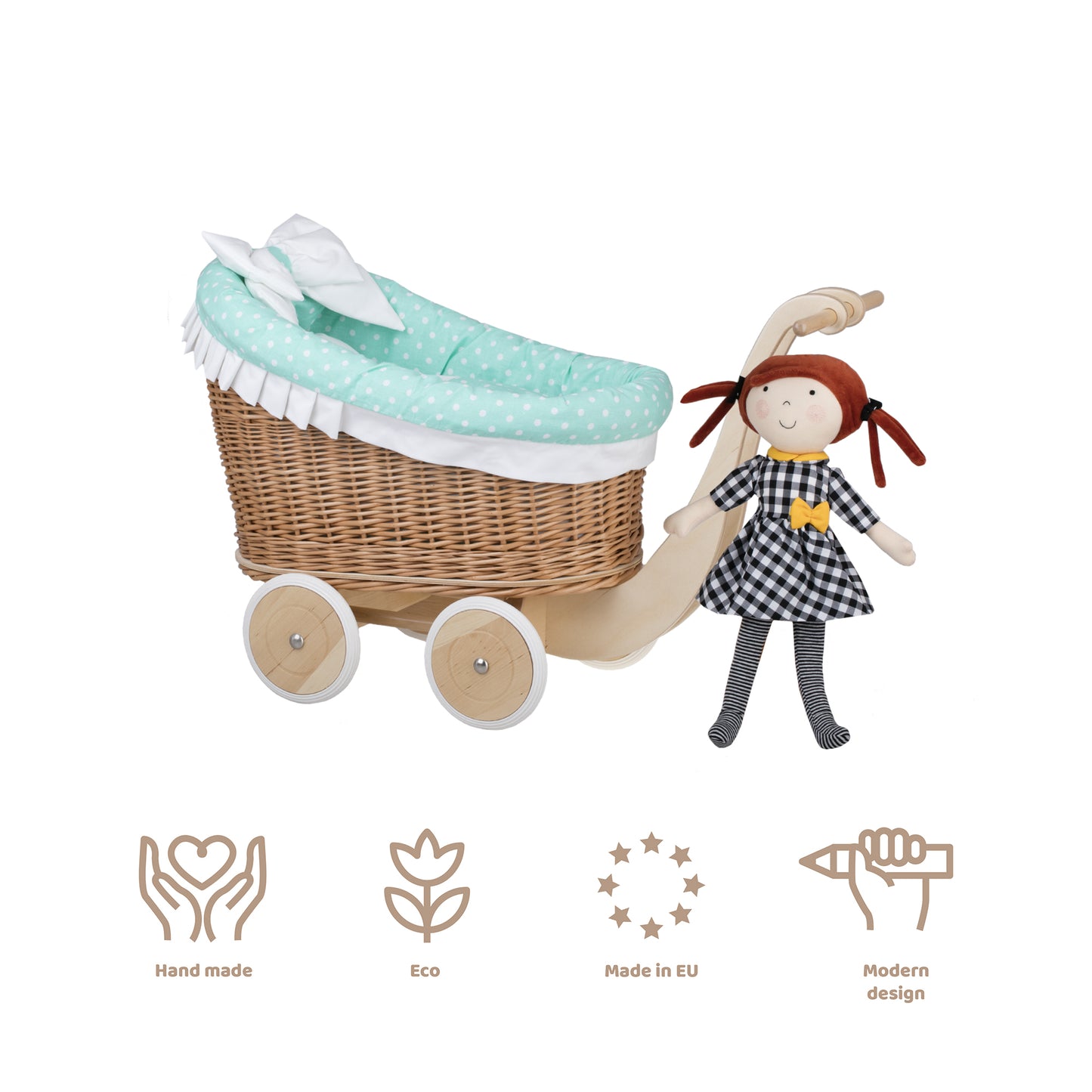 Luna wicker doll stroller with mint trim, blanket, and pillow