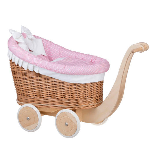 Luna rietjespoppenwagen met roze bies, dekentje en kussen